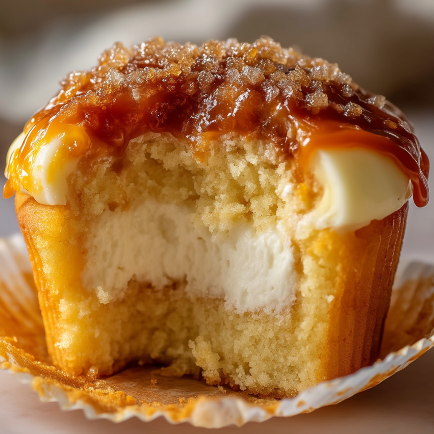 A cupcake with white frosting and caramel drizzle.