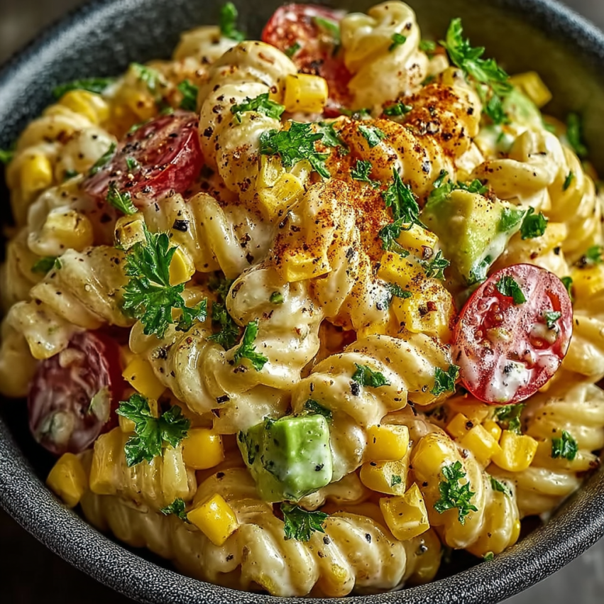 A bowl of pasta with tomatoes and corn.