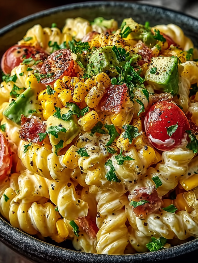 A bowl of pasta with tomatoes, corn, and cheese.