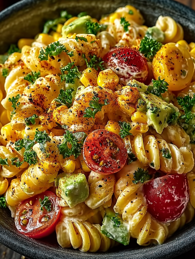 A bowl of pasta with tomatoes and corn.