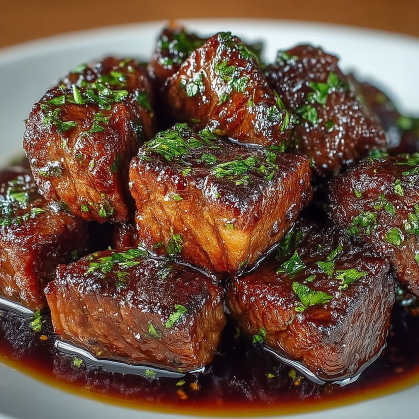 A plate of meat with green toppings.