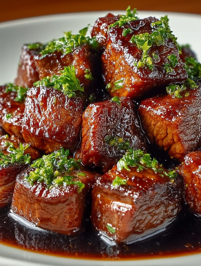 A plate of meat with green toppings.