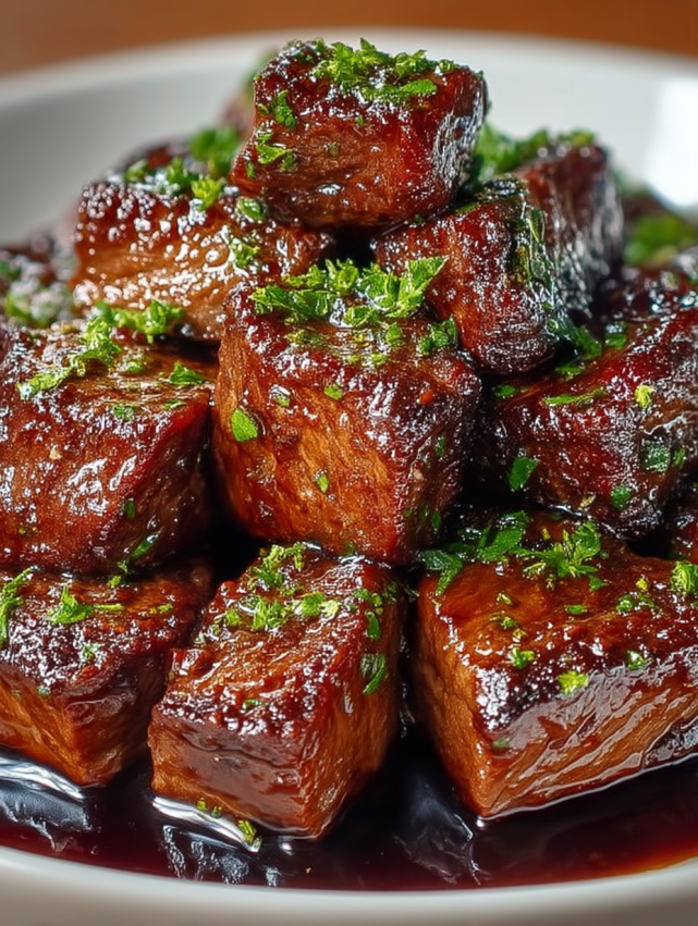 A plate of meat with green toppings.