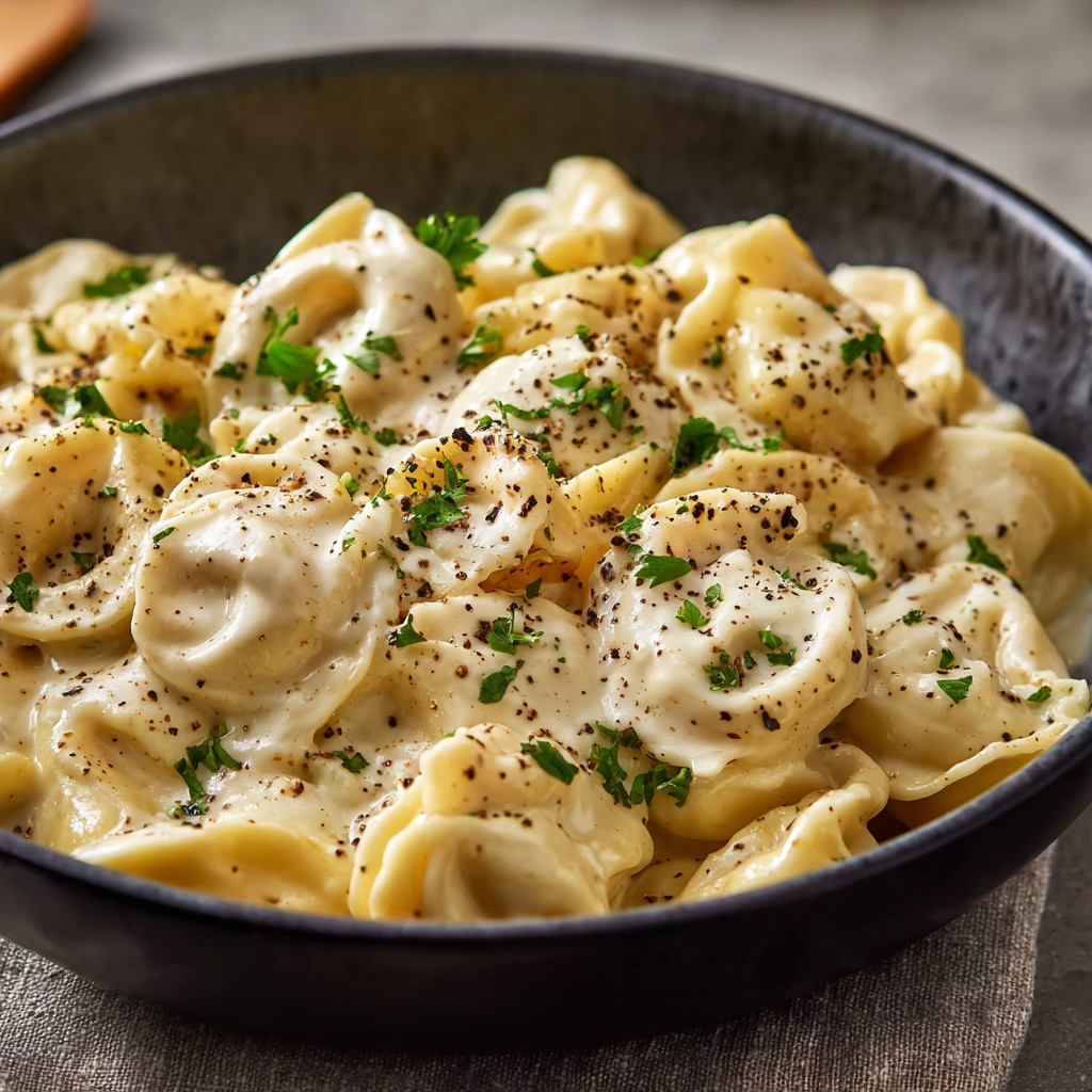 A bowl of pasta with cheese and herbs.