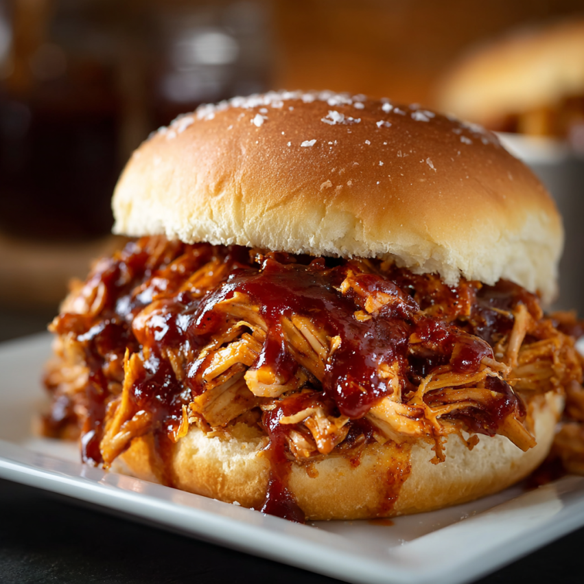 A BBQ sandwich with sauce on a white plate.