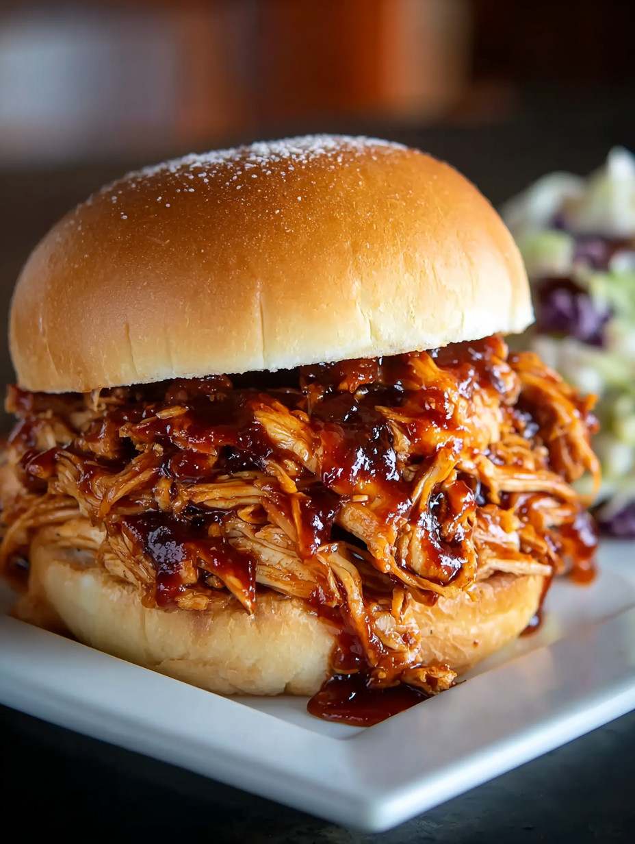 A sandwich with BBQ sauce on a white plate.