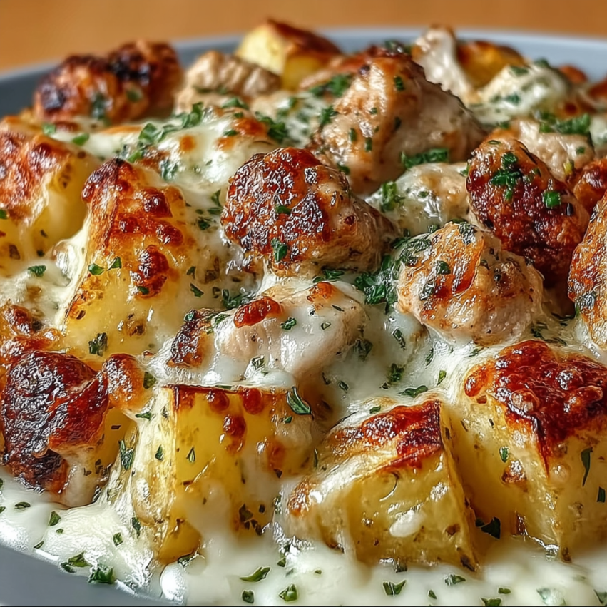 A plate of food with cheese and potatoes.