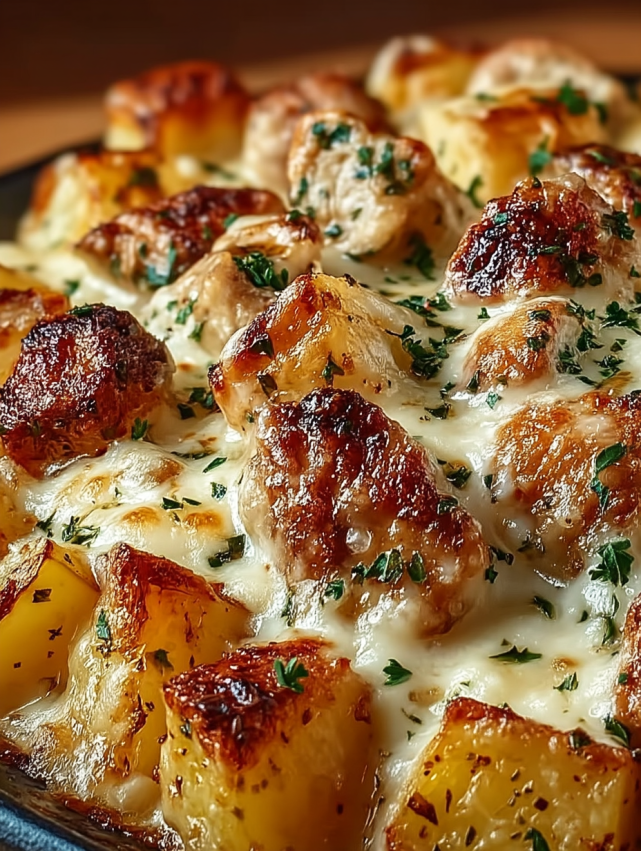 A pizza with chicken and potatoes.