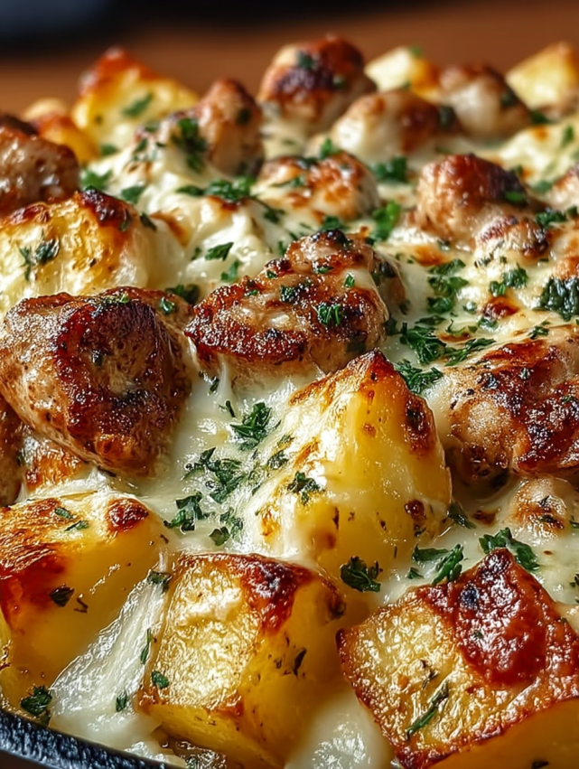 A pizza with meat and potatoes on top.