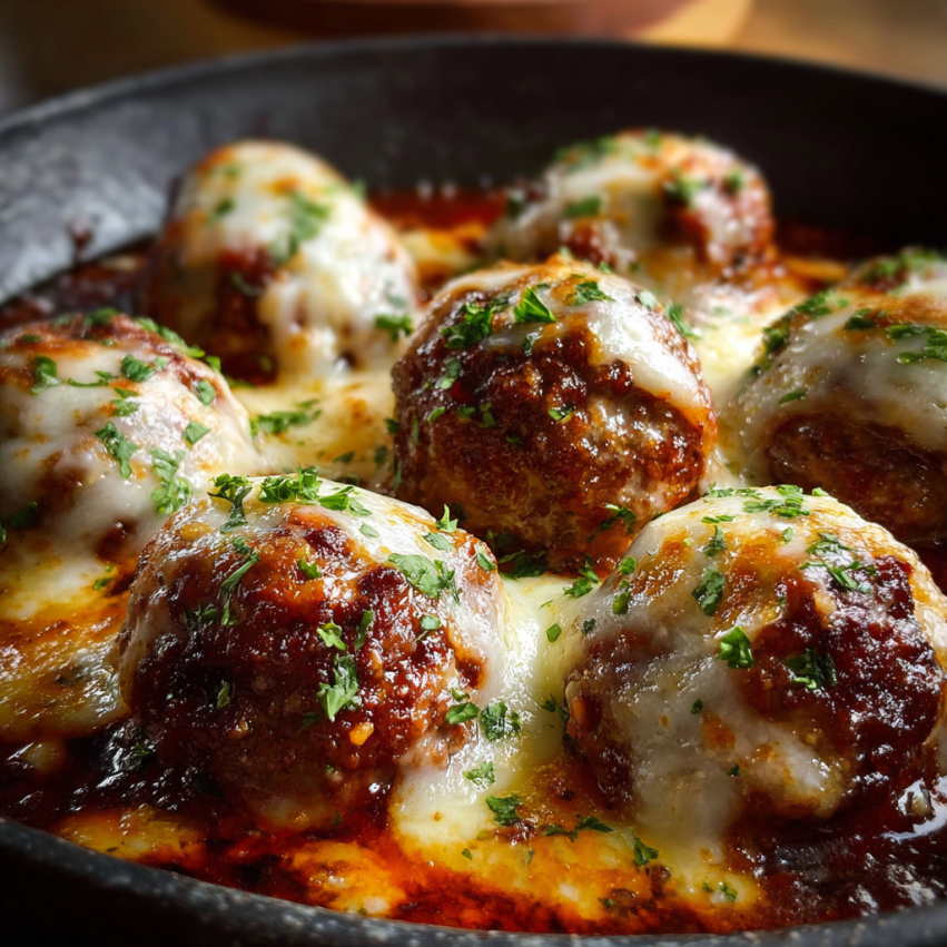 A bowl of meatballs with cheese on top.