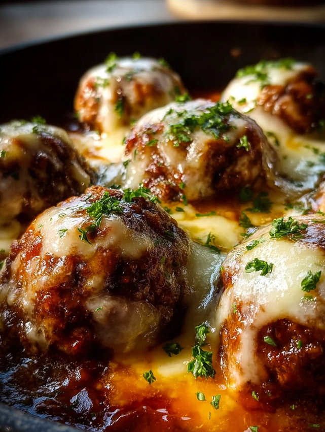 A plate of meatballs with cheese on top.