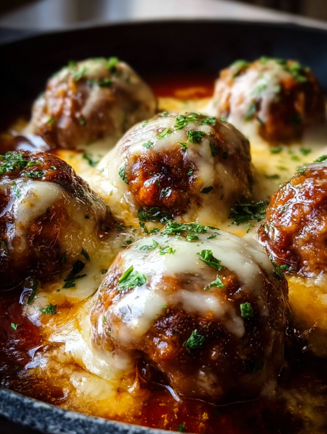 A plate of meatballs with cheese.