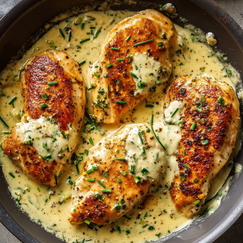 A pan of chicken with herbs and sauce.
