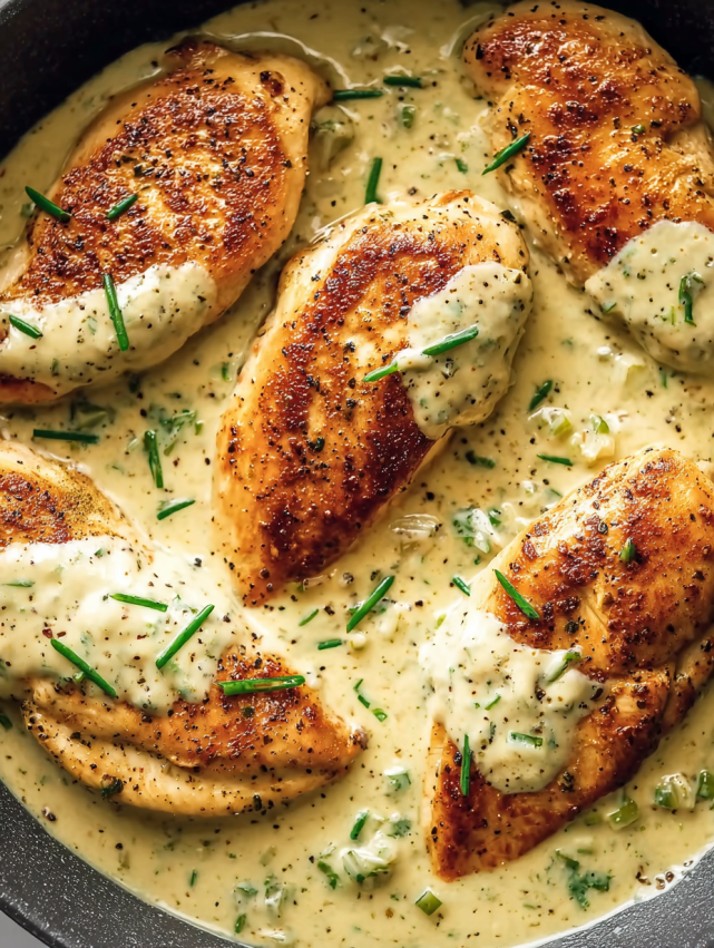Chicken with sauce and herbs.