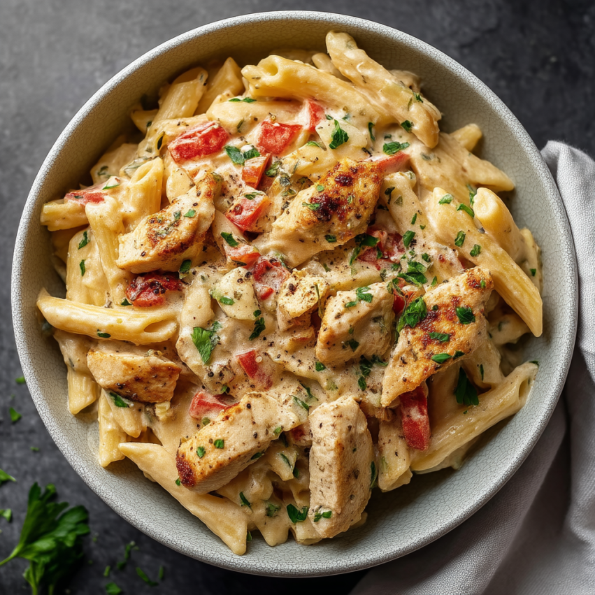 A bowl of pasta with chicken and tomatoes.