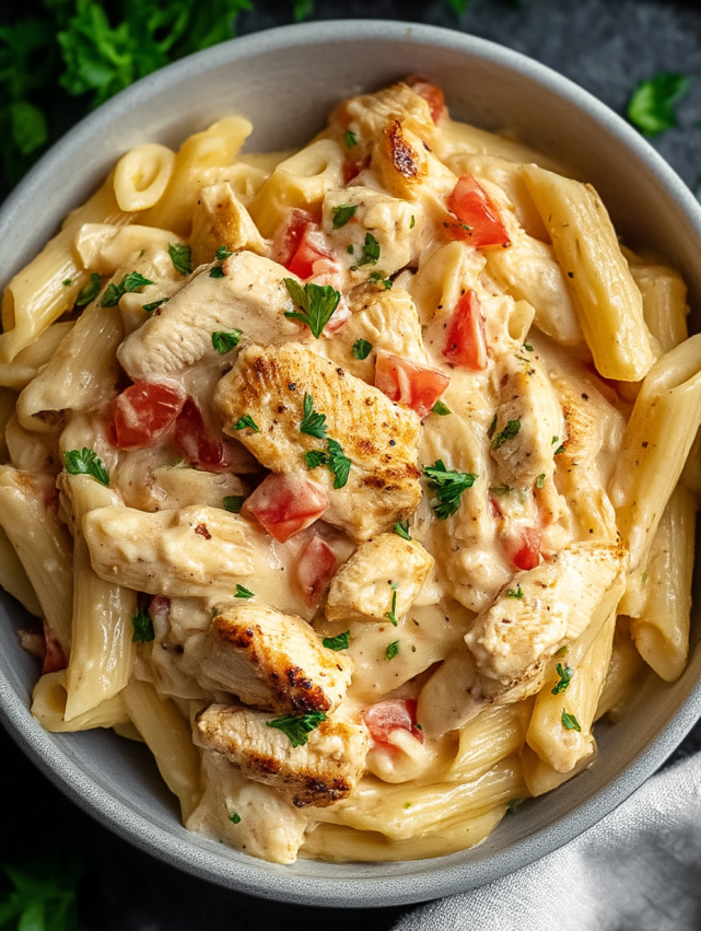 A bowl of pasta with chicken and tomatoes.