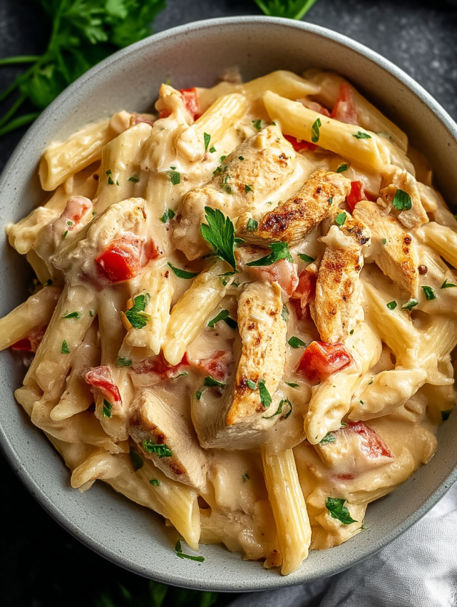 A bowl of pasta with chicken and tomatoes.