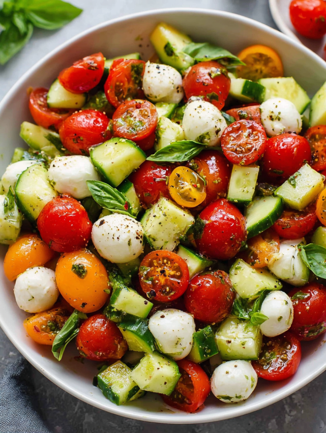 A white bowl filled with tomatoes, cheese, and cucumbers.