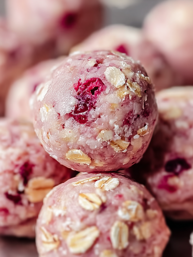 A pink ball of food with a red center.