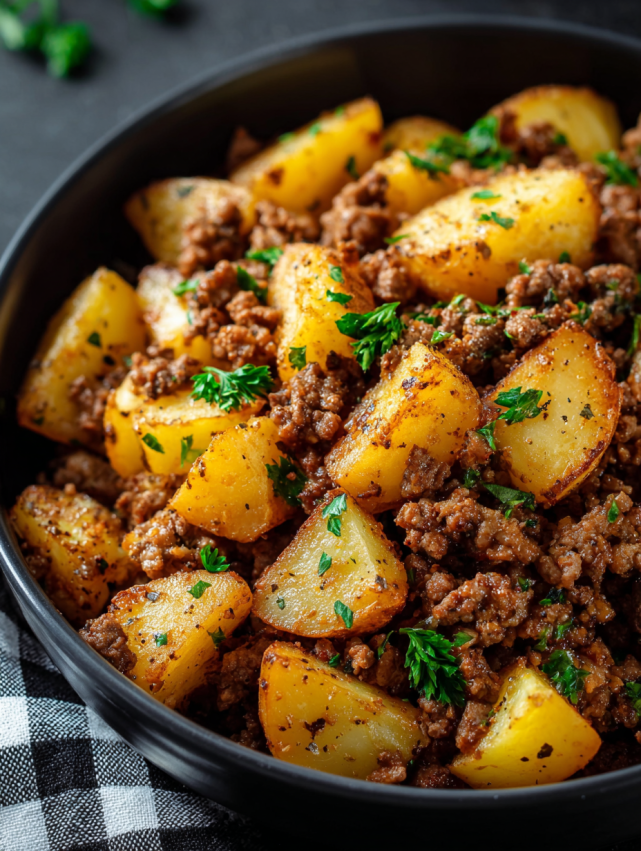 A bowl of meat and potatoes.