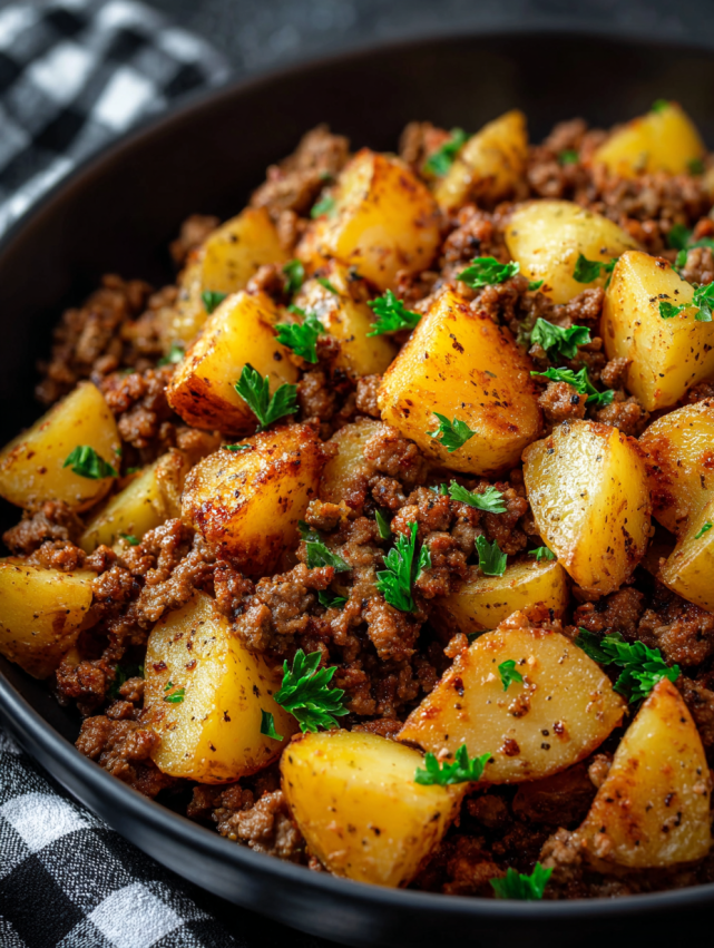 A bowl of meat and potatoes.