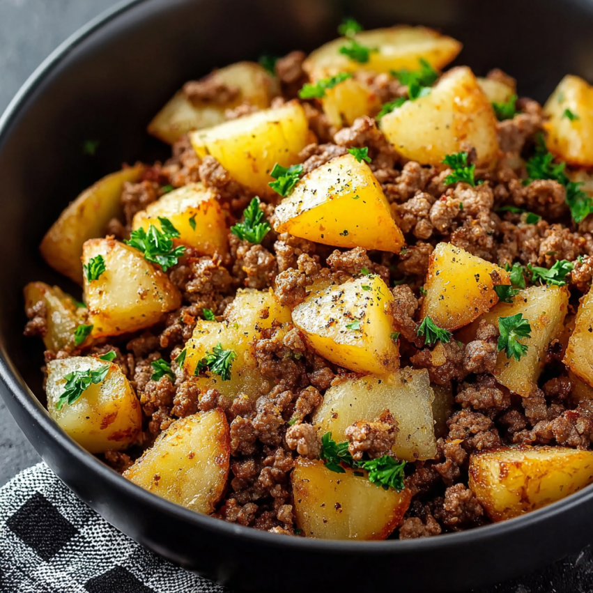 A bowl of meat and potatoes.