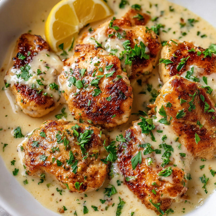 A bowl of food with chicken and lemon.