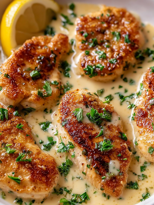 Chicken with herbs and sauce.