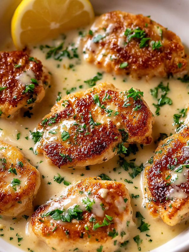 A plate of food with a lemon wedge on top.
