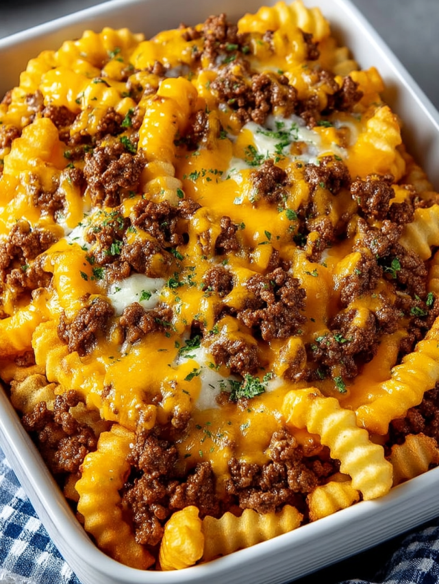 A white bowl filled with cheese and meat.