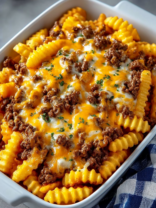 A bowl of food with cheese and meat.