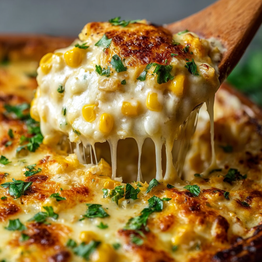 A wooden spoon is dipping into a cheesy casserole.