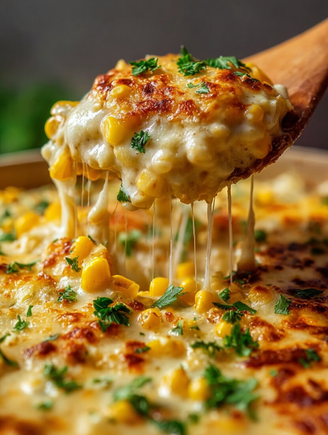 A wooden spoon is being used to serve a cheesy dish.