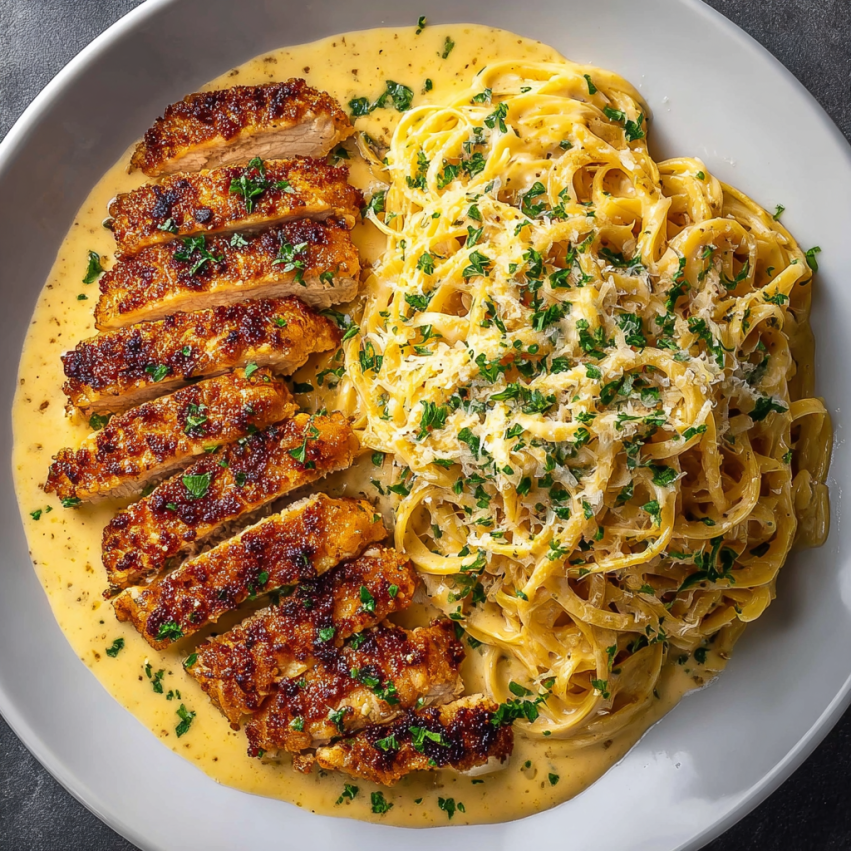 A plate of food with chicken and pasta.