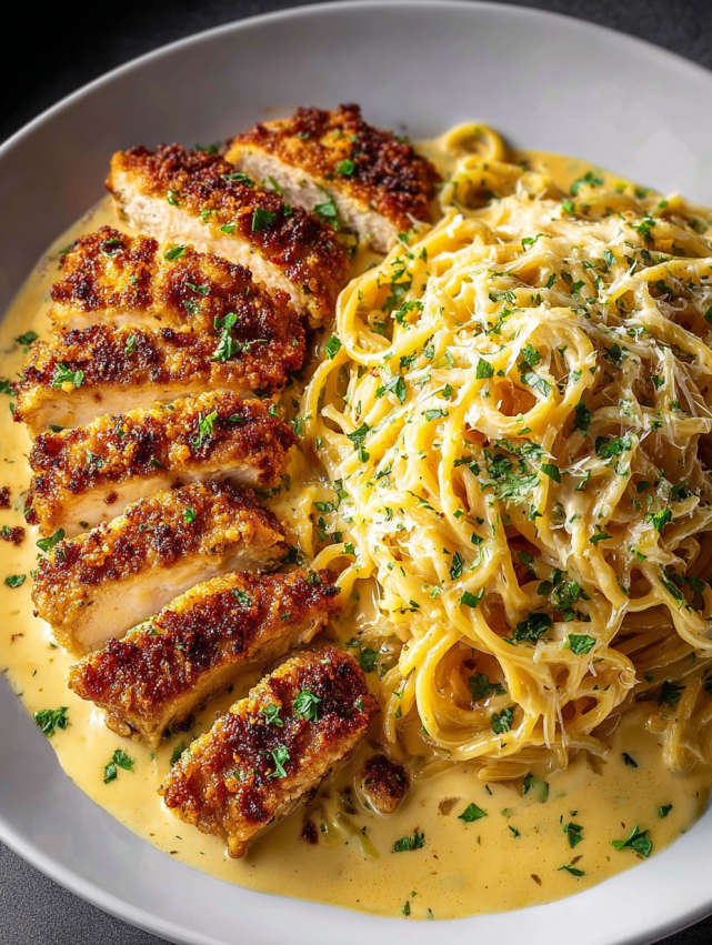 A plate of food with chicken and pasta.