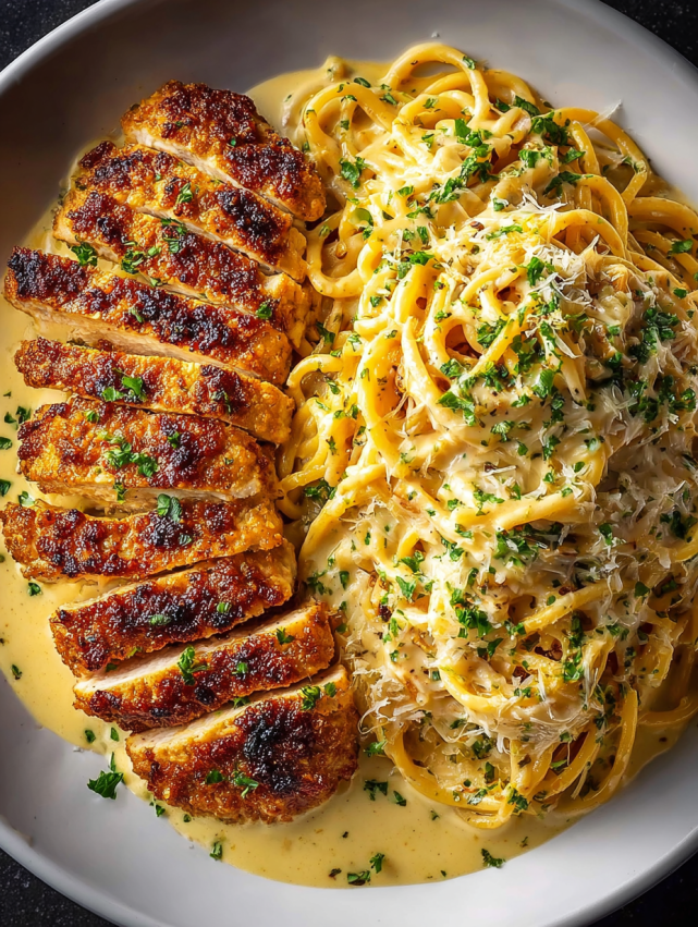 A plate of food with chicken and pasta.