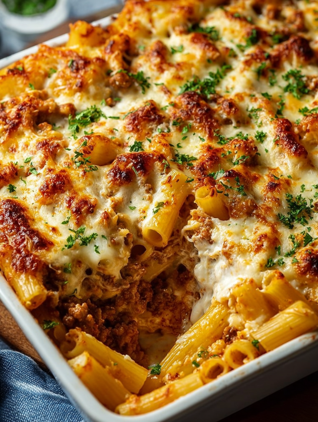 A dish of lasagna with noodles and meat.