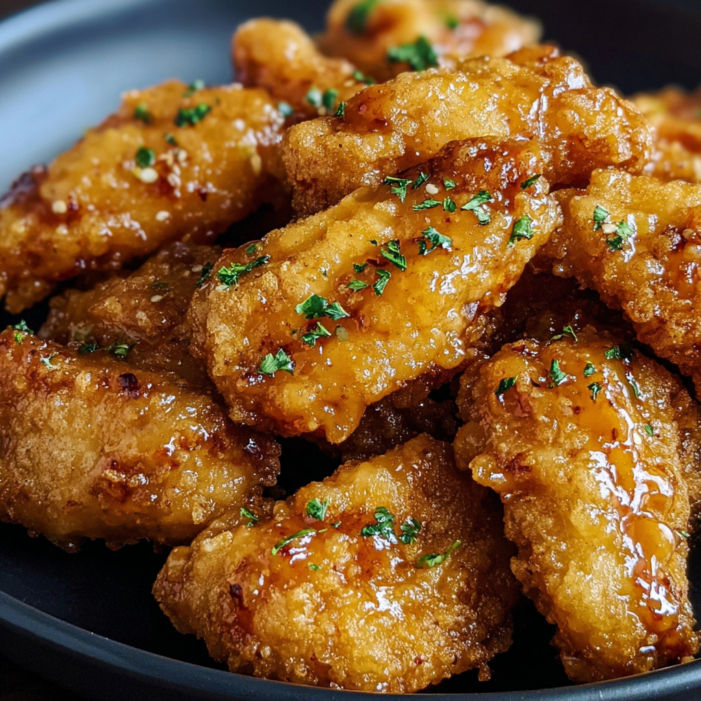 A plate of fried chicken with sauce.