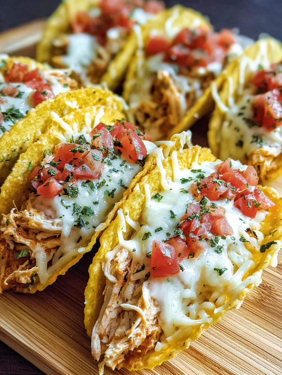 A plate of tacos with chicken and tomatoes.