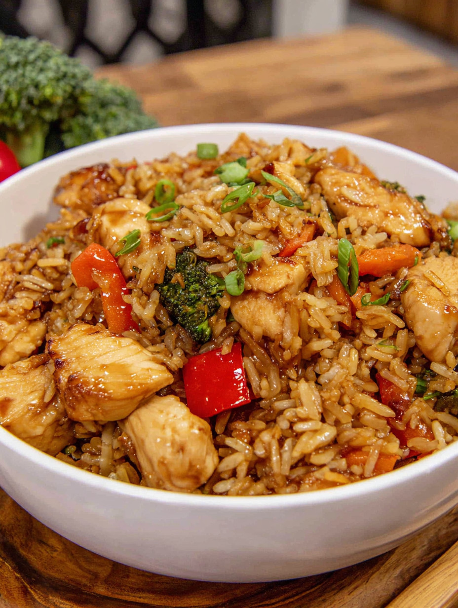 A bowl of rice with chicken and vegetables.