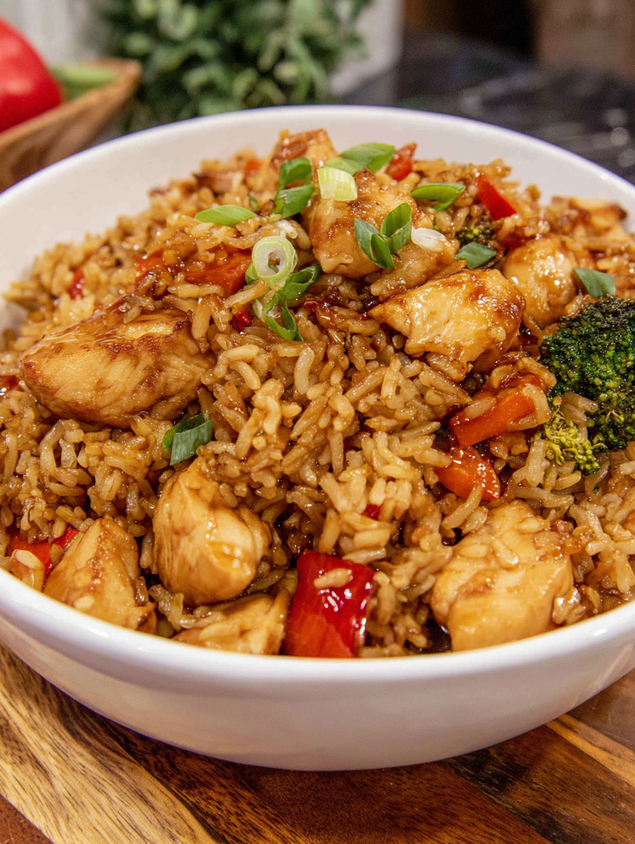 A bowl of rice with chicken and vegetables.