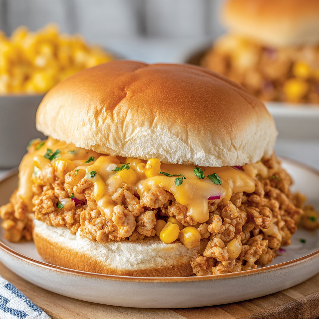 A sandwich with cheese and corn on top.