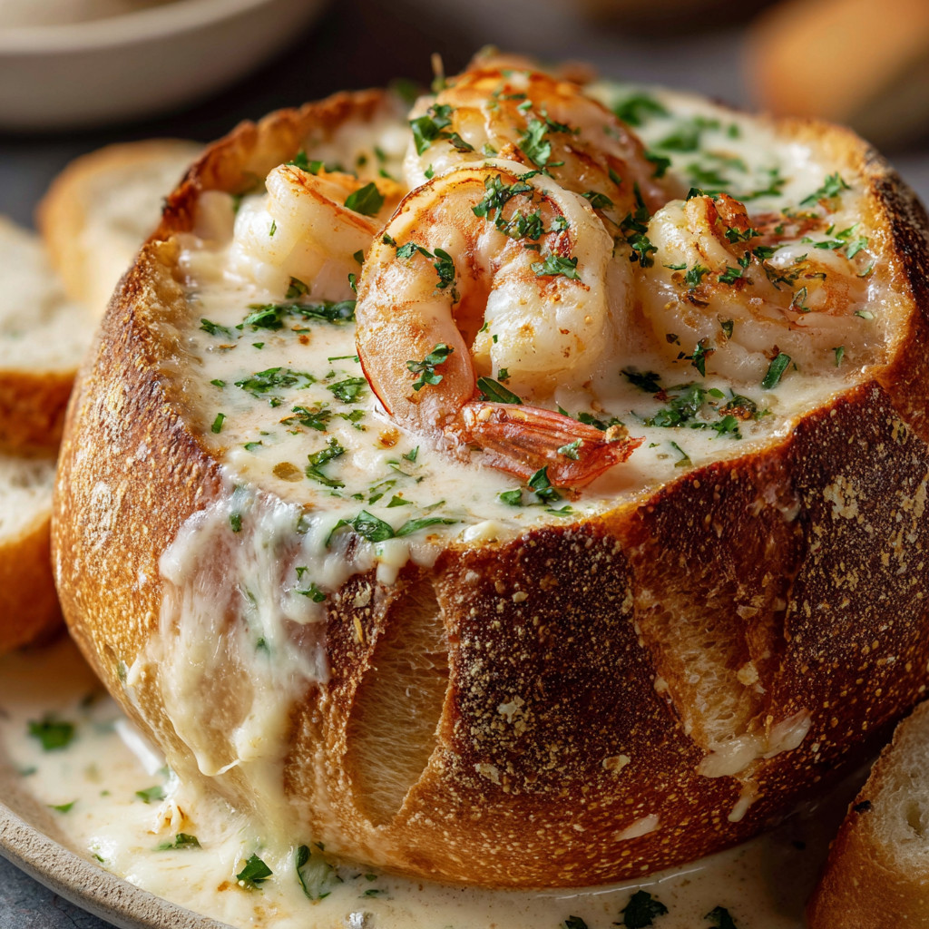 A bowl of shrimp and bread.