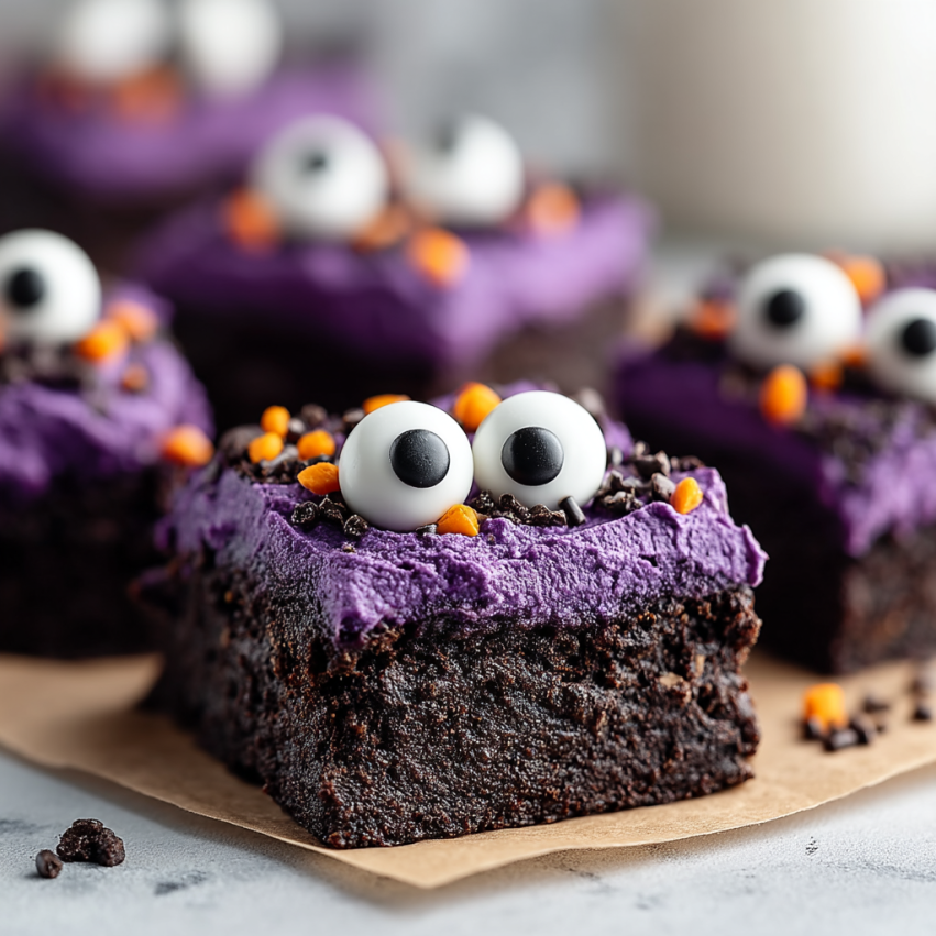 A close up of a chocolate cake with purple frosting and eyes.