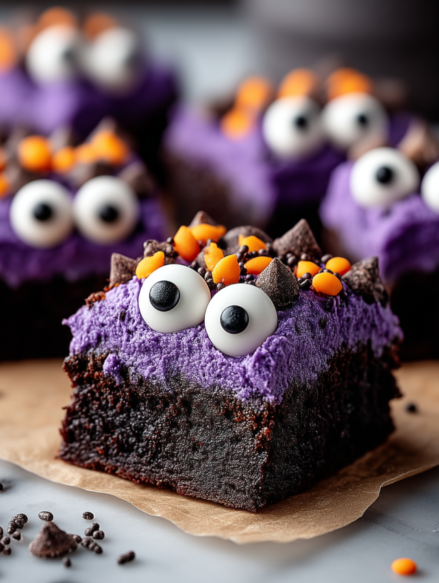 A slice of chocolate cake with purple frosting and orange decorations.