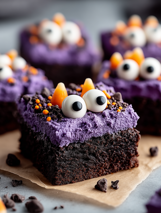 A chocolate cake with purple frosting and orange eyes.