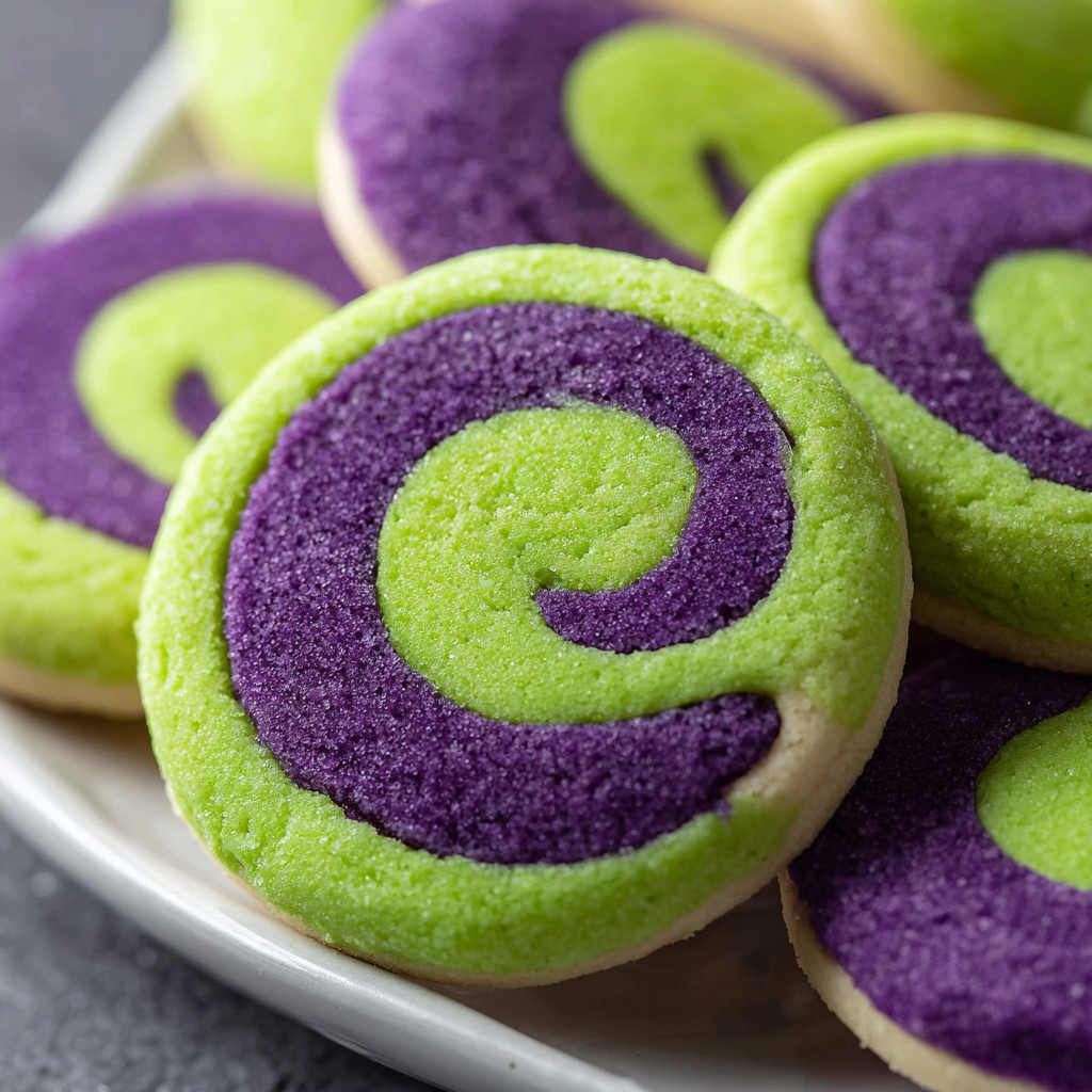 A plate of cookies with purple and green frosting.