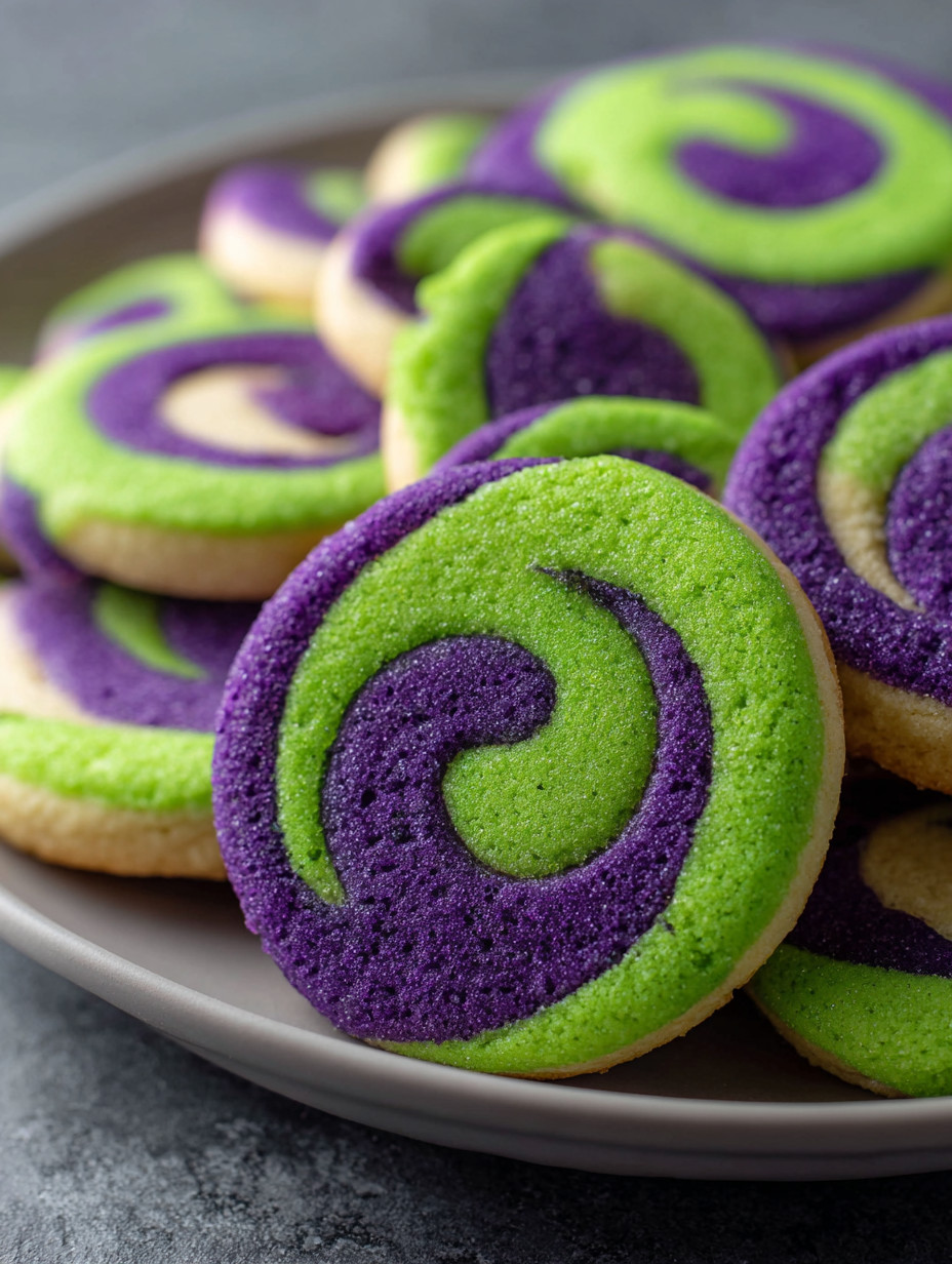 A plate of green and purple cookies.