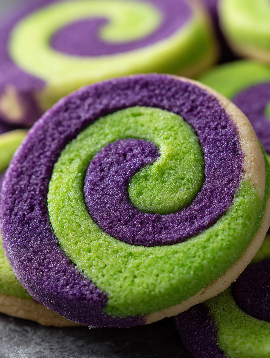 A purple and green cookie with a spiral pattern.
