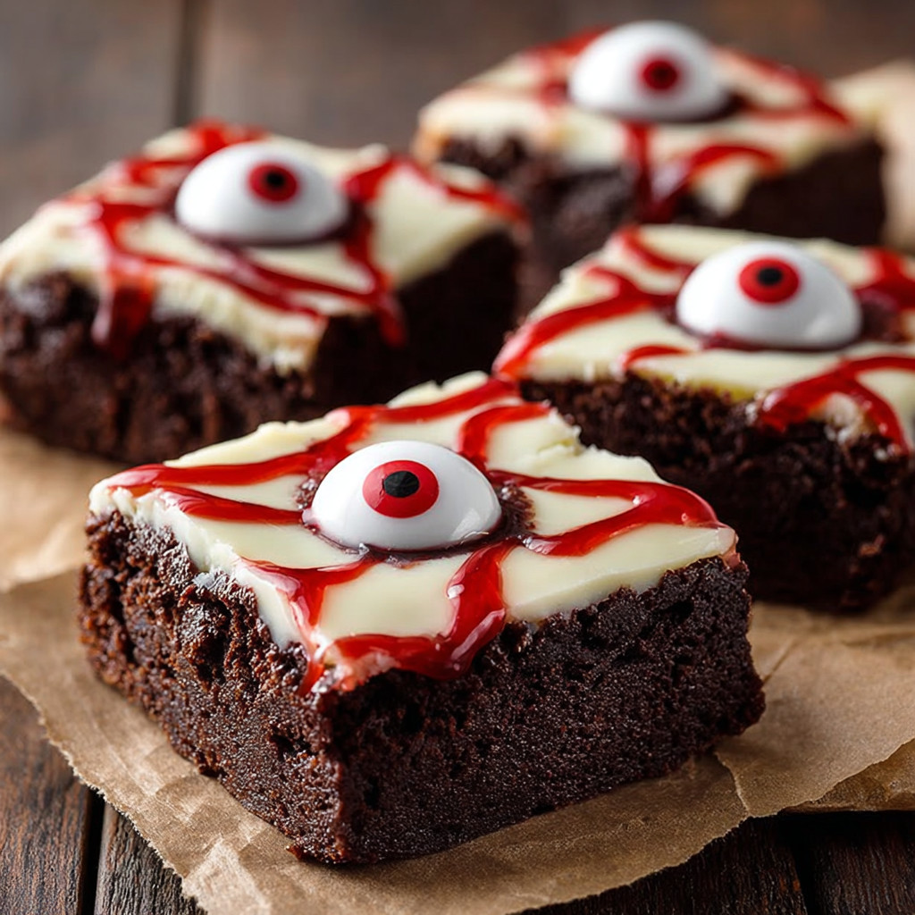 A chocolate brownie with white icing and red sauce.